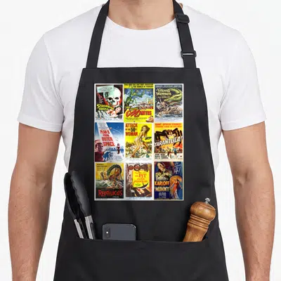 Collection horror movie apron - Six vintage B-movie posters arranged in a grid featuring monsters and retro typography — shown on a black cotton canvas apron against a white background
