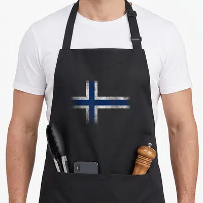 Norway distressed apron - Distressed blue and white Nordic cross pattern on black fabric — shown on a black cotton canvas apron against a white background