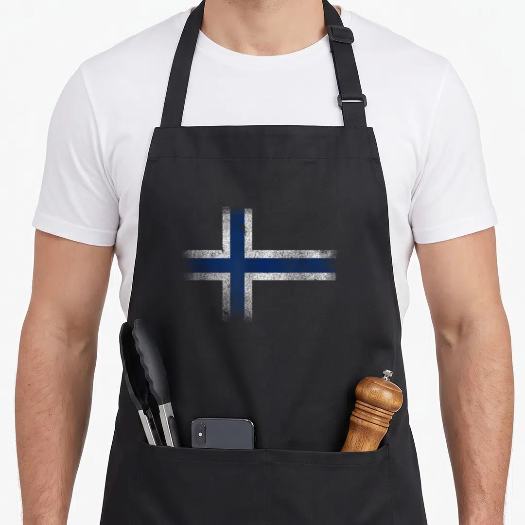 Norway distressed apron - Distressed blue and white Nordic cross pattern on black fabric — shown on a black cotton canvas apron against a white background