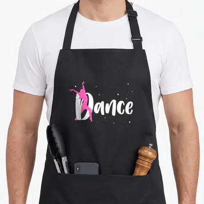 Lyrical hip apron - Pink dancer silhouette overlapping white Dance text with scattered white stars — shown on a black cotton canvas apron against a white background