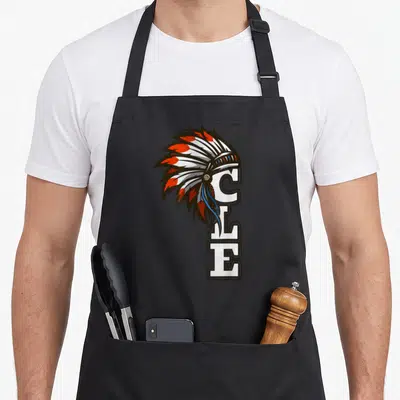 Cle native american apron - Distressed headdress overlapping vertical CLE text in white red black and blue — shown on a black cotton canvas apron against a white background