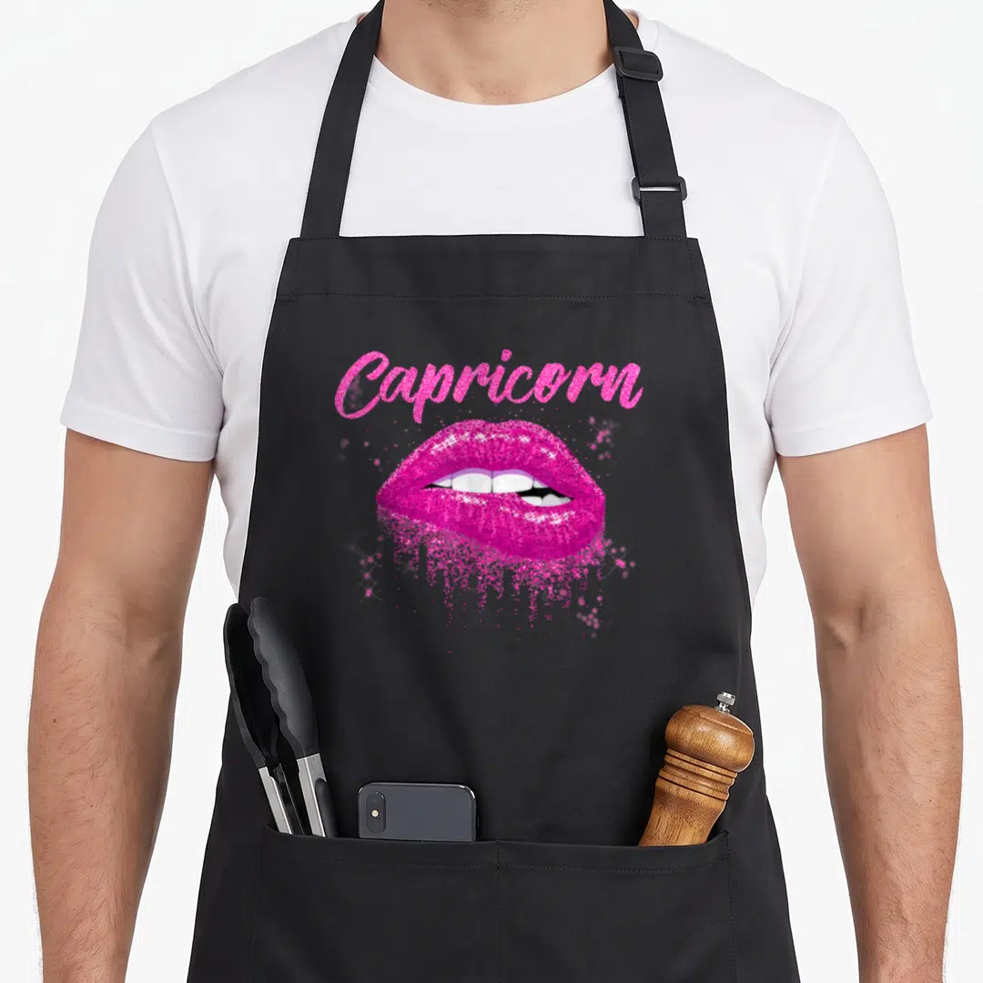 Capricorn zodiac lip birthday apron - Pink glittery lips showing white teeth with Capricorn text above — shown on a black cotton canvas apron against a white background