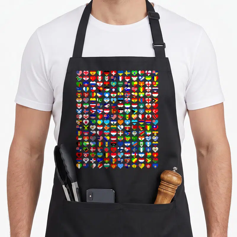 Unity country apron - Grid of heart-shaped national flags in red blue yellow green and white — shown on a black cotton canvas apron against a white background