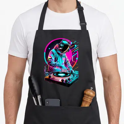 Astronaut djing addict apron - Cartoon astronaut in headphones mixing vinyl on a turntable with neon pink circle — shown on a black cotton canvas apron against a white background