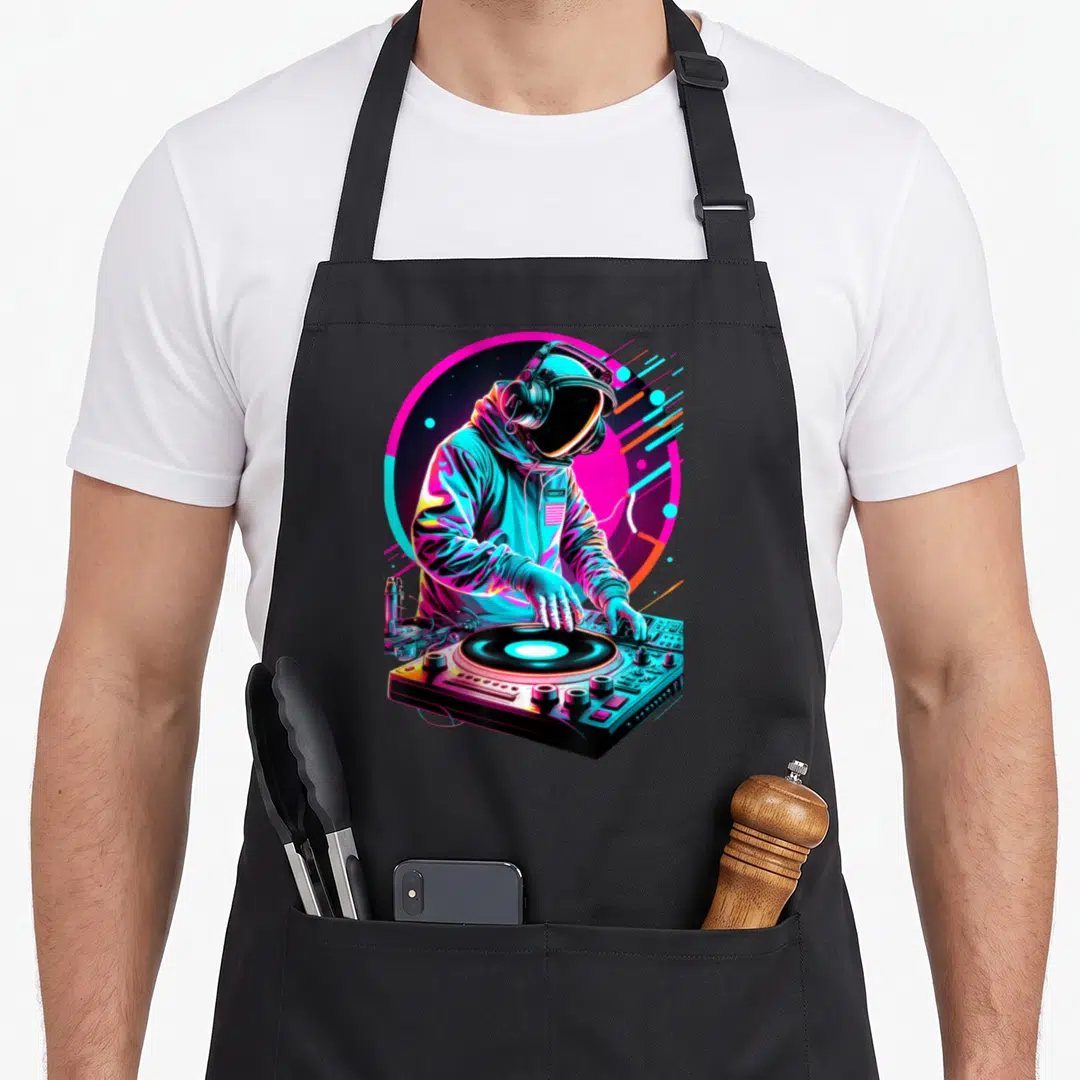 Astronaut djing addict apron - Cartoon astronaut in headphones mixing vinyl on a turntable with neon pink circle — shown on a black cotton canvas apron against a white background