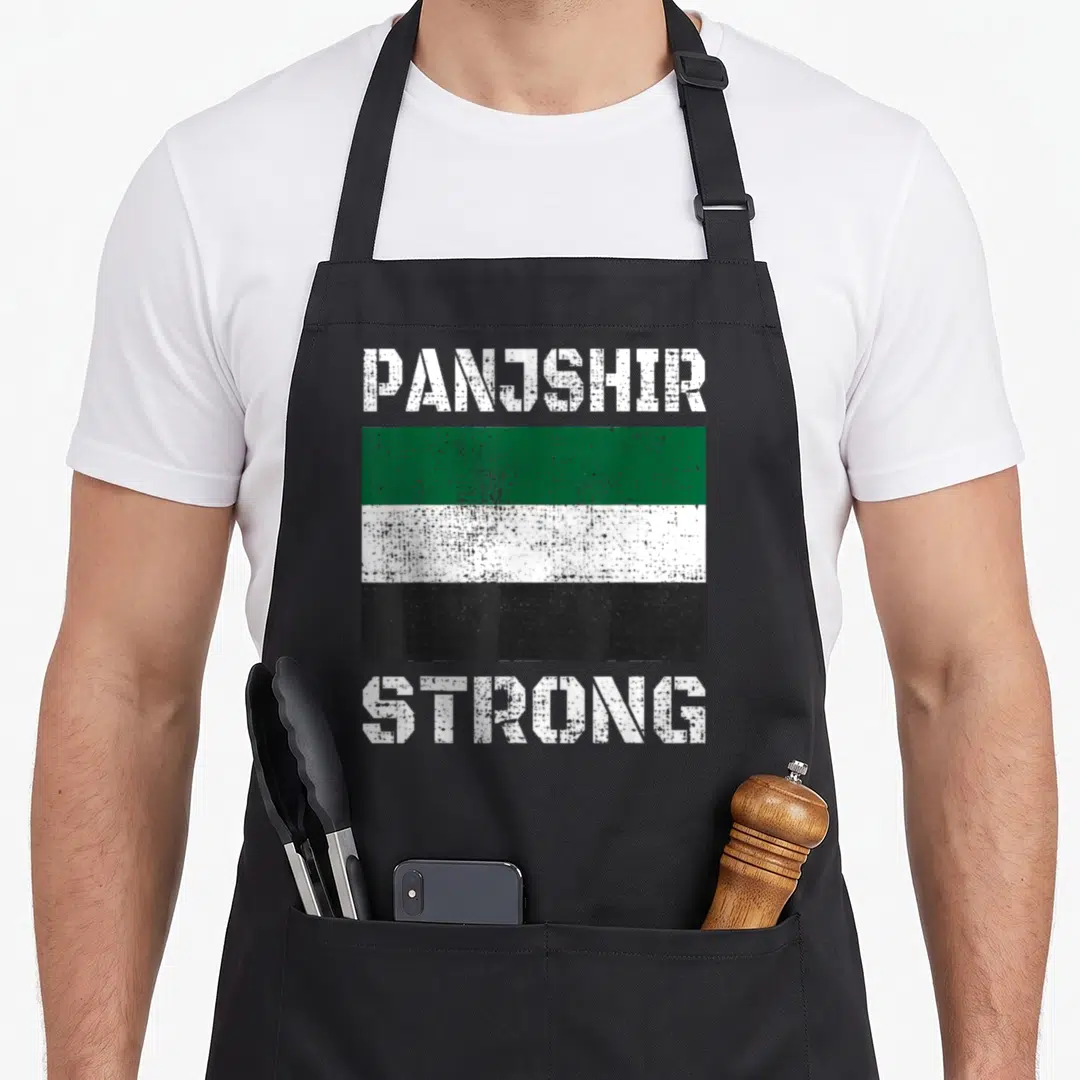 Panjshir afghan apron - Distressed Panjshir flag with white green black stripes and strong text — shown on a black cotton canvas apron against a white background