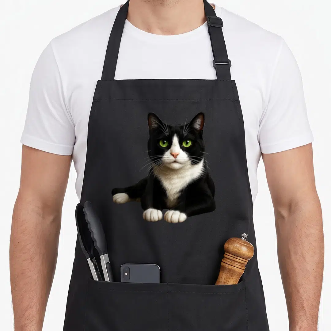 Eye tuxedo apron - Realistic black and white cat with green eyes lying down — shown on a black cotton canvas apron against a white background
