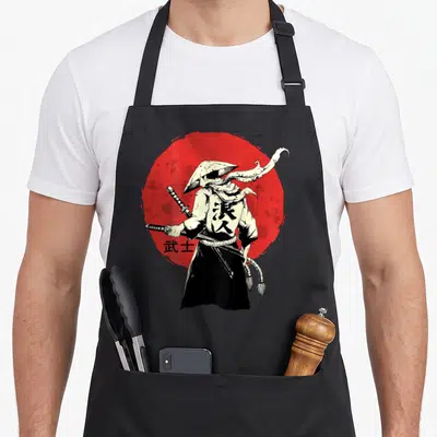 Ancient japan apron - Line art of a ronin facing away from a red sun with Japanese characters on back and waist — shown on a black cotton canvas apron against a white background