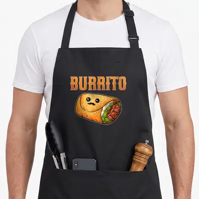 Family mexican apron - Cartoon burrito with a mustache and orange BURRITO text — shown on a black cotton canvas apron against a white background