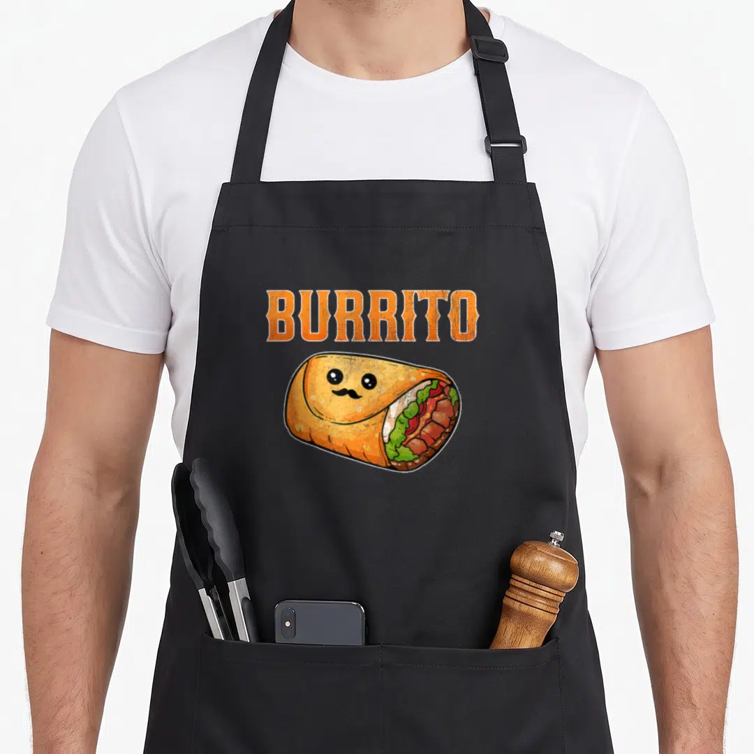 Family mexican apron - Cartoon burrito with a mustache and orange BURRITO text — shown on a black cotton canvas apron against a white background