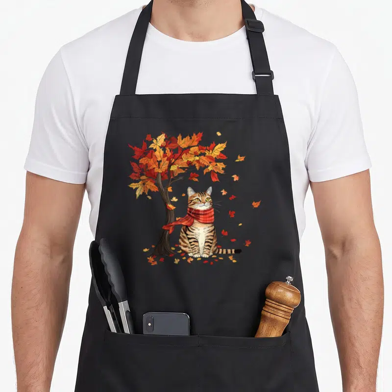 Leaf cat apron - Cartoon tabby cat with red plaid scarf sitting under autumn tree with scattered orange and red leaves — shown on a black cotton canvas apron against a white background