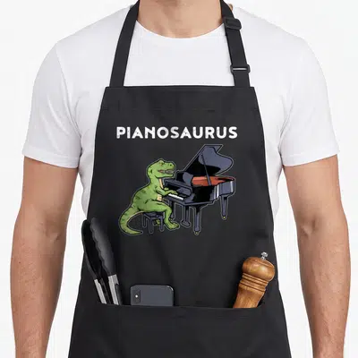 Grand piano apron - Green T-Rex playing black piano under white PIANOSAURUS text — shown on a black cotton canvas apron against a white background