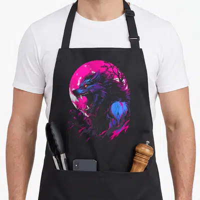 Shifter halloween apron - Grey wolf head profile against pink moon with blue flames and tree silhouette — shown on a black cotton canvas apron against a white background