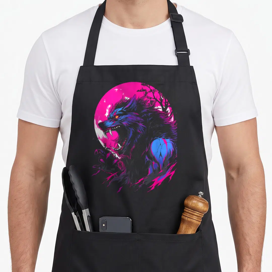 Shifter halloween apron - Grey wolf head profile against pink moon with blue flames and tree silhouette — shown on a black cotton canvas apron against a white background