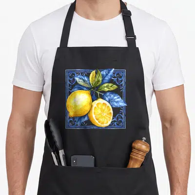Blue lemon apron - Two yellow lemons and blue leaves in a decorative watercolor square border — shown on a black cotton canvas apron against a white background