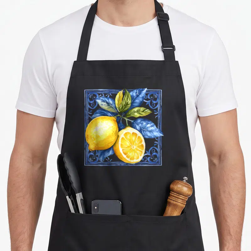 Blue lemon apron - Two yellow lemons and blue leaves in a decorative watercolor square border — shown on a black cotton canvas apron against a white background