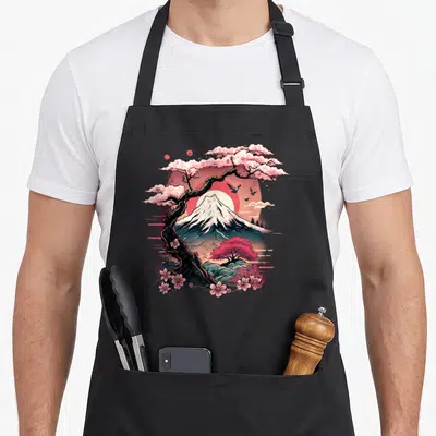 Garden cherry apron - Retro art of Mount Fuji framed by a pink cherry blossom tree and red sun — shown on a black cotton canvas apron against a white background