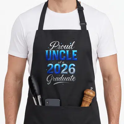 Uncle diploma apron - Stacked blue and white Proud UNCLE of a 2026 Graduate text with small stars — shown on a black cotton canvas apron against a white background