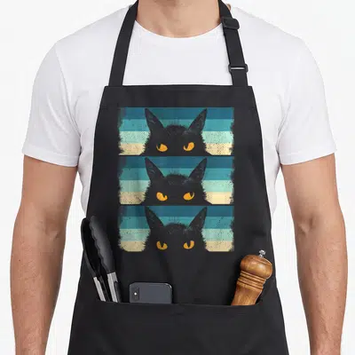 Cute kitten grumpy cat apron - Three grey cat heads with yellow eyes stacked vertically over blue teal and cream stripes — shown on a black cotton canvas apron against a white background