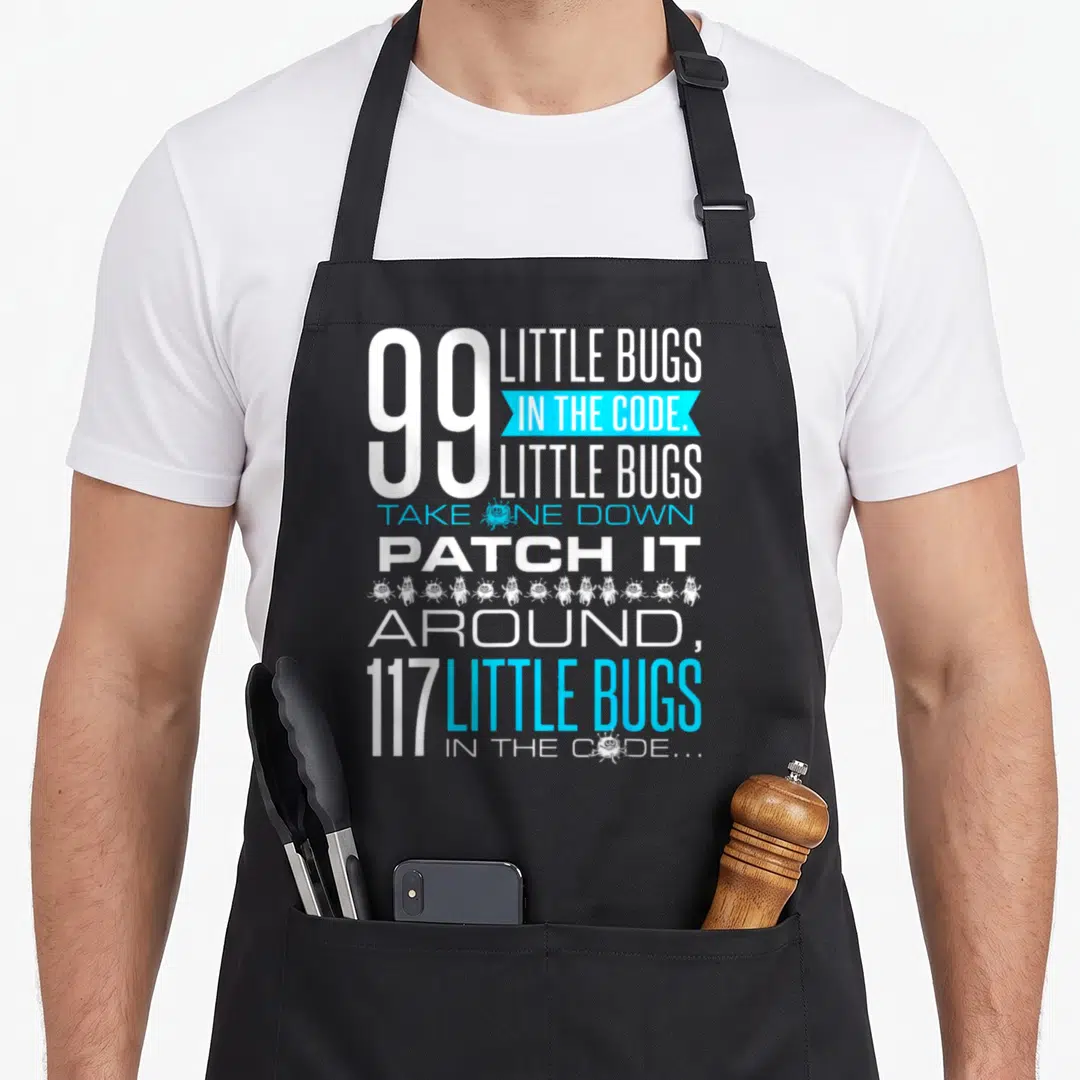 Bug programming apron - 99 little bugs in the code text with blue banner and scattered white bug icons — shown on a black cotton canvas apron against a white background