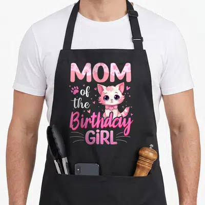 Birthday kitten cat apron - Pink and white MOM of the Birthday GIRL text with cartoon cat and hearts — shown on a black cotton canvas apron against a white background