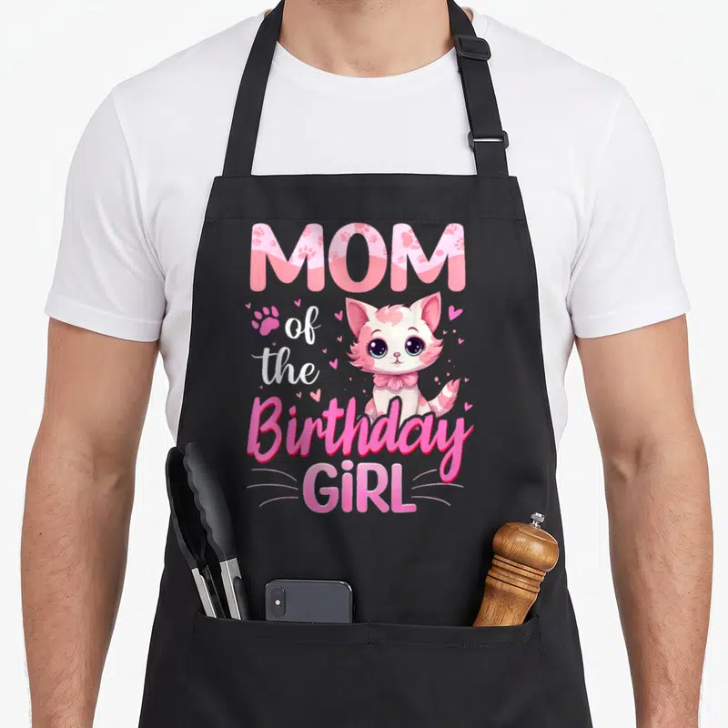 Birthday kitten cat apron - Pink and white MOM of the Birthday GIRL text with cartoon cat and hearts — shown on a black cotton canvas apron against a white background