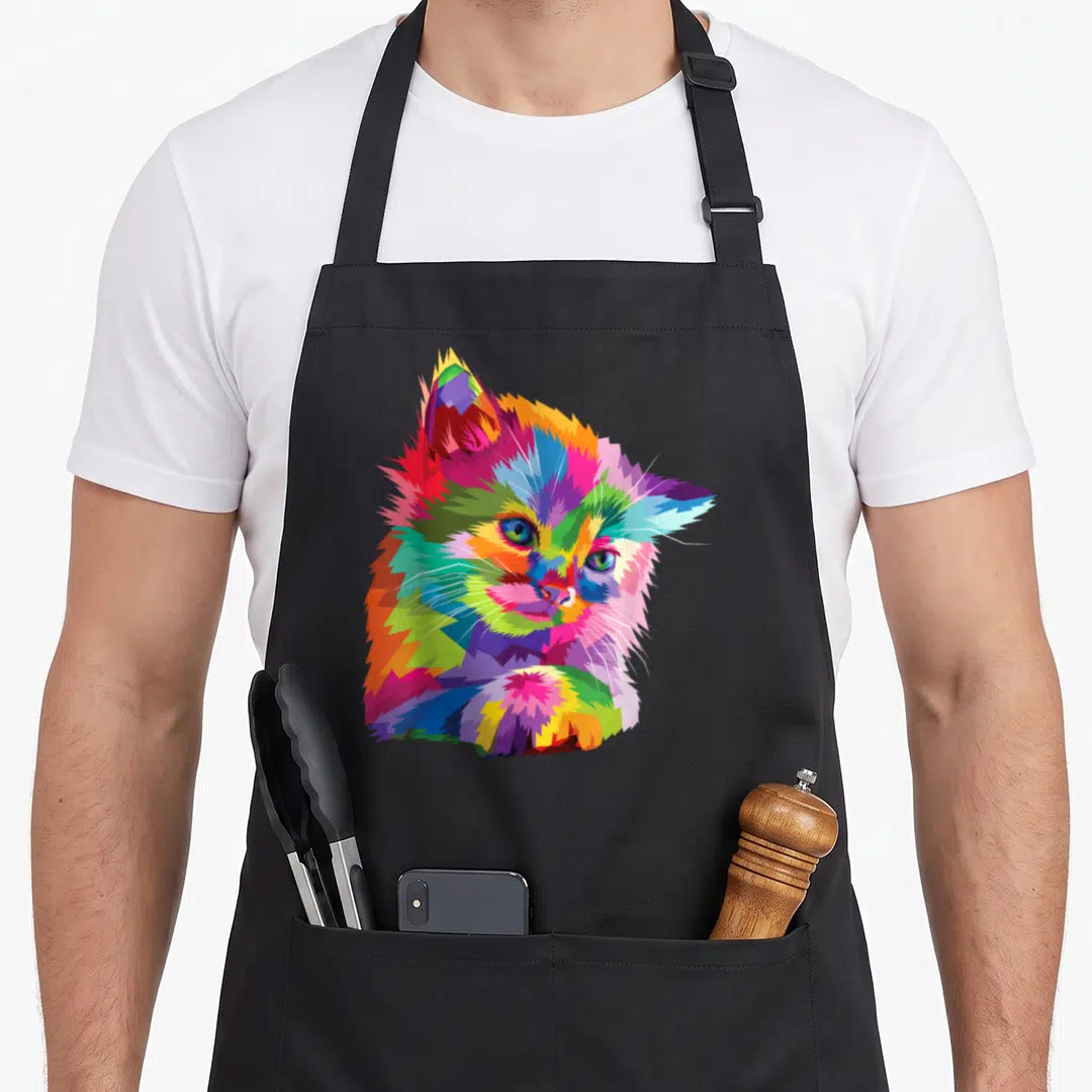 Kitten colorful aprons - Multicolored geometric cat portrait in blue red yellow green purple mosaic style — shown on a black cotton canvas apron against a white background
