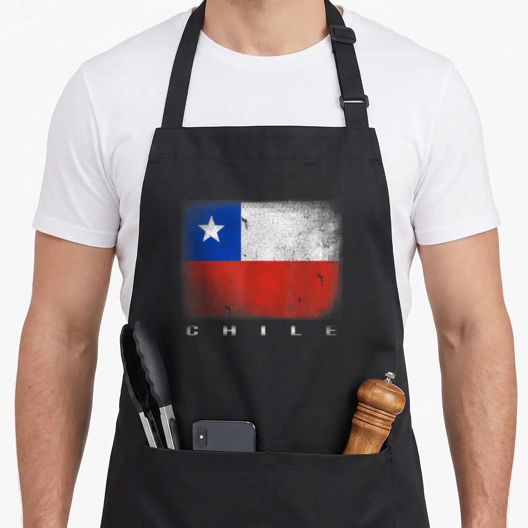 Souvenir chilean apron - Distressed Chile flag with star and C H I L E text below — shown on a black cotton canvas apron against a white background