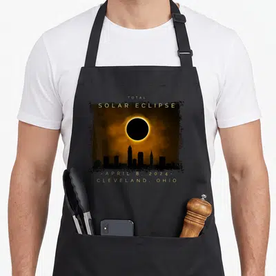 Total cleveland apron - Gold text Total Solar Eclipse over black skyline silhouette and orange corona inside distressed — shown on a black cotton canvas apron against a white background
