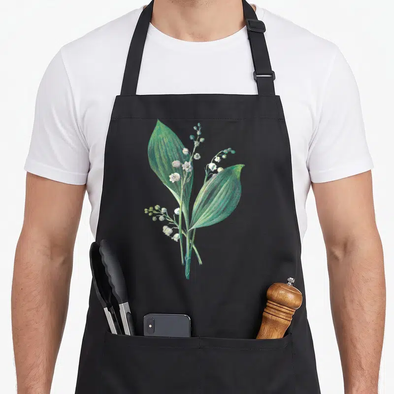 Valley white lily apron - Botanical drawing of Lily of the Valley with green leaves and white bell flowers on stems — shown on a black cotton canvas apron against a white background