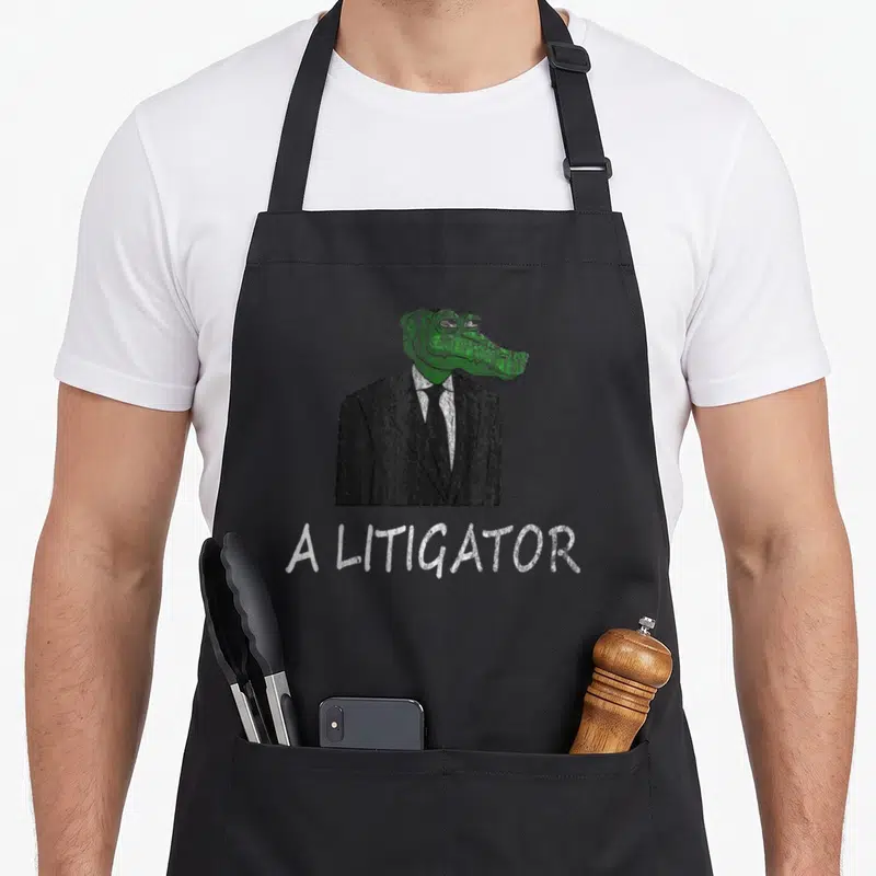 Law lawyer apron - Green alligator in black suit with white A LITIGATOR text — shown on a black cotton canvas apron against a white background