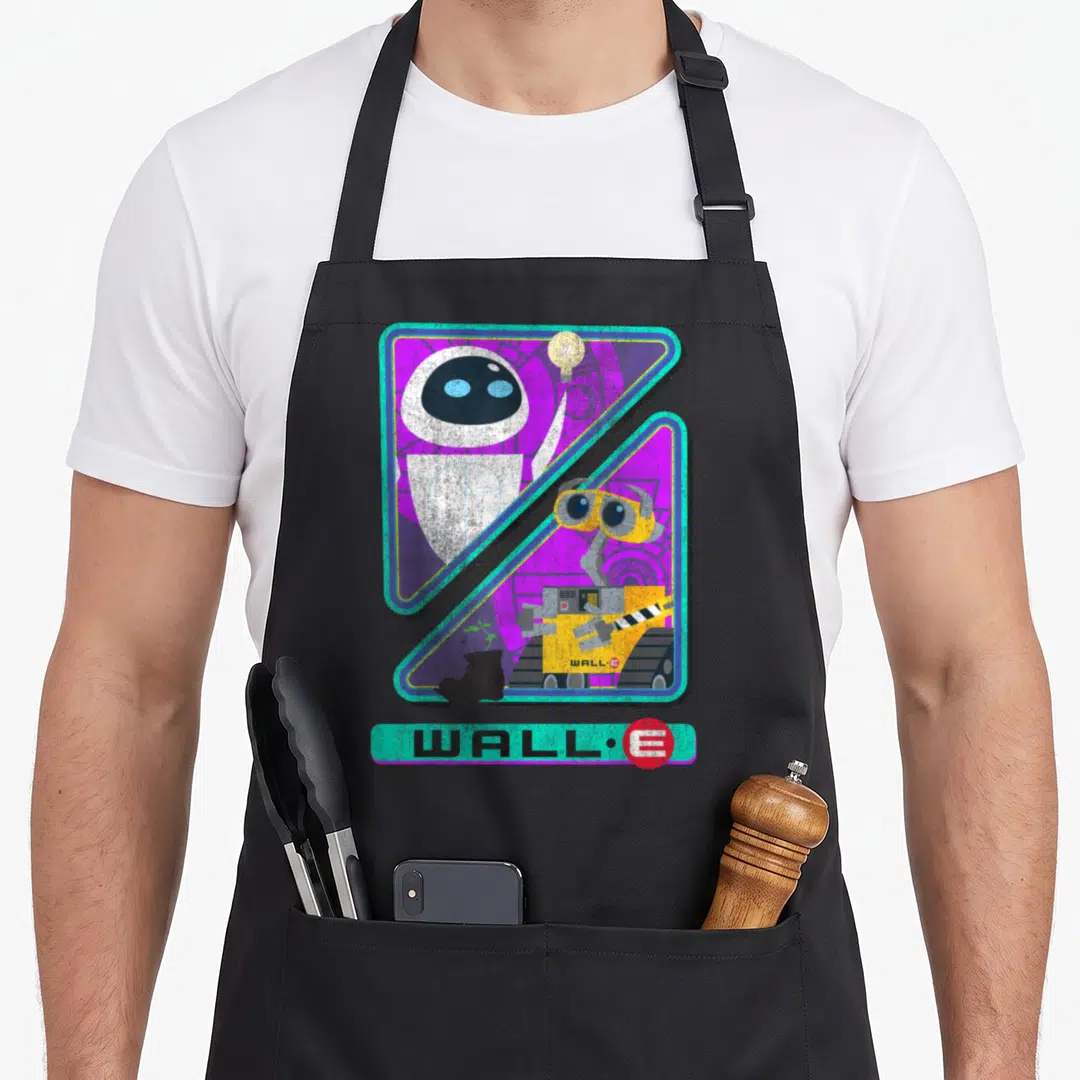 Wall split apron - WALL-E text and two robots in purple frames with cyan borders — shown on a black cotton canvas apron against a white background