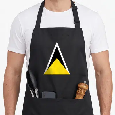 Lucian saint lucia apron - Triangular flag design with white border, black center, and yellow base — shown on a black cotton canvas apron against a white background