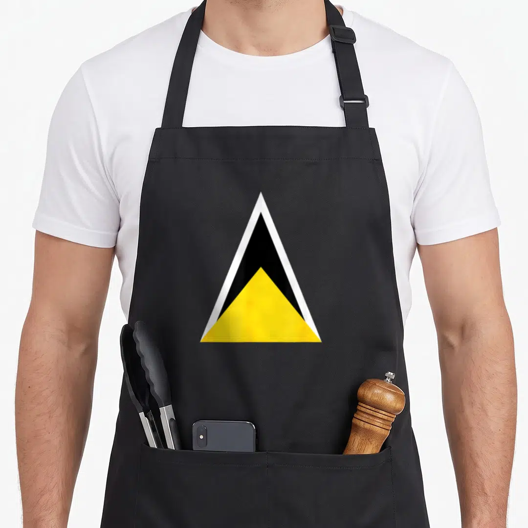 Lucian saint lucia apron - Triangular flag design with white border, black center, and yellow base — shown on a black cotton canvas apron against a white background