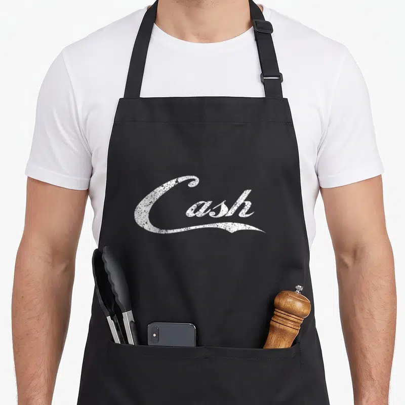Money cash apron - White distressed script text reading Cash on a plain background — shown on a black cotton canvas apron against a white background