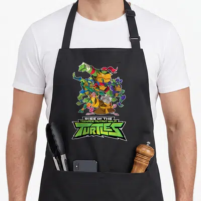 Splinter teenage mutant ninja apron - Rise of the TMNT logo with Splinter and four turtles in cartoon style — shown on a black cotton canvas apron against a white background