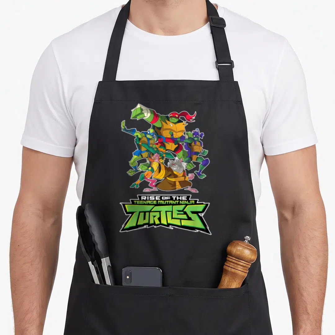Splinter teenage mutant ninja apron - Rise of the TMNT logo with Splinter and four turtles in cartoon style — shown on a black cotton canvas apron against a white background