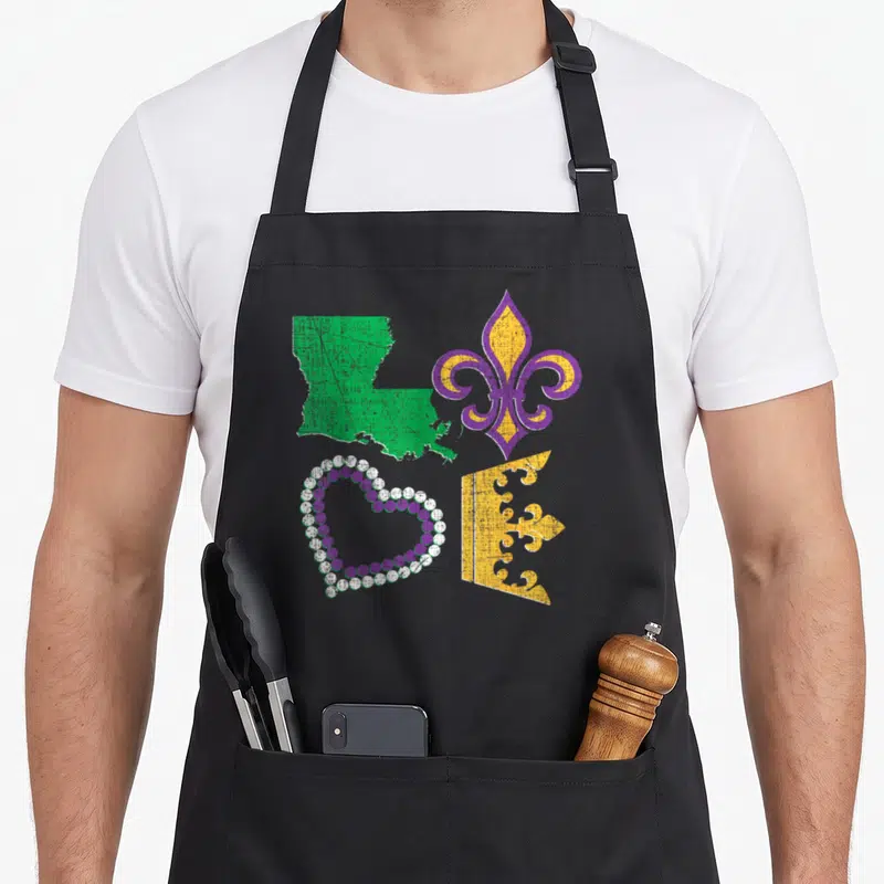 Funny distressed mardi gras aprons - Green Louisiana map, purple gold fleur-de-lis, bead heart, and partial — shown on a black cotton canvas apron against a white background