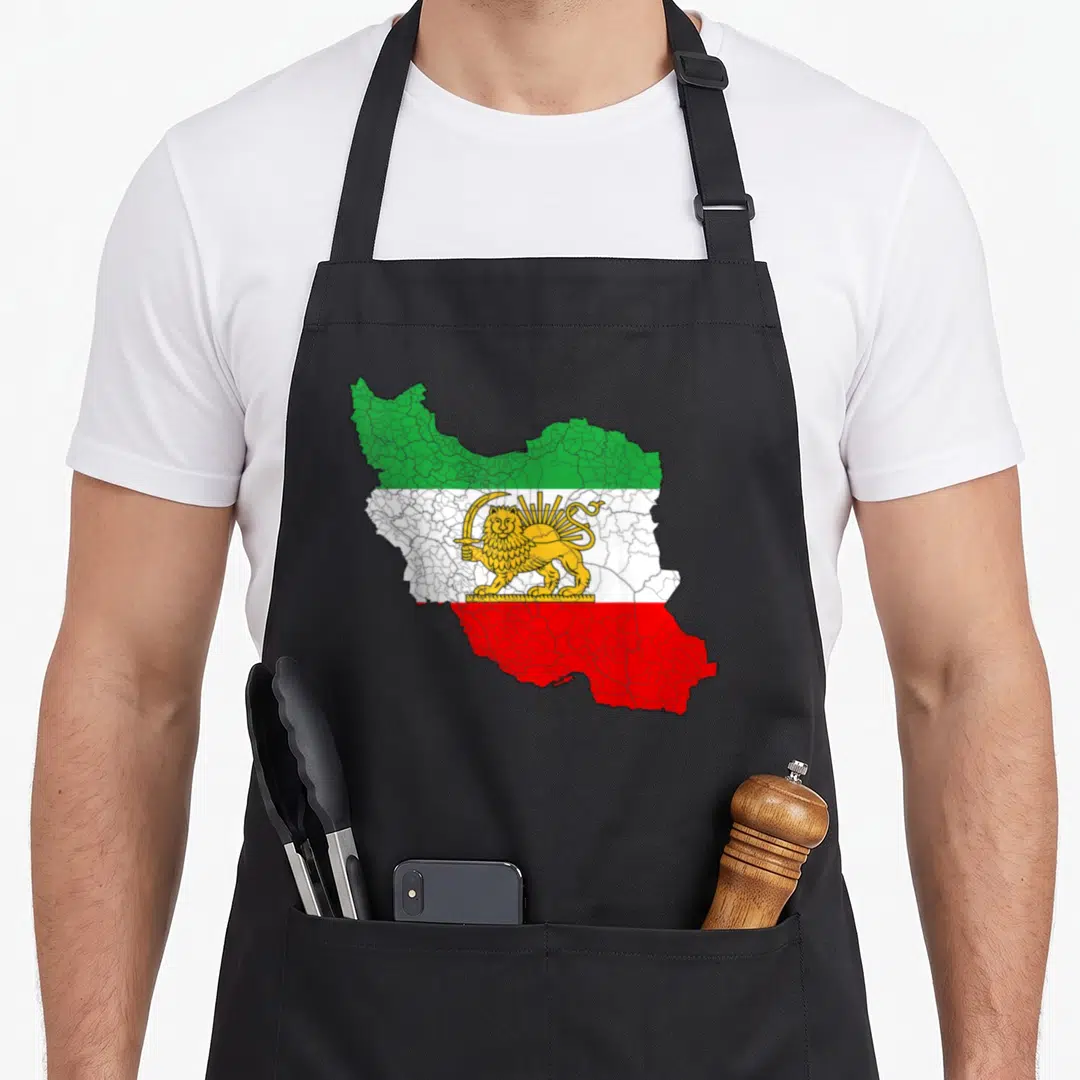 Map lion apron - Map of Iran filled with green white red yellow flag colors and golden lion emblem — shown on a black cotton canvas apron against a white background