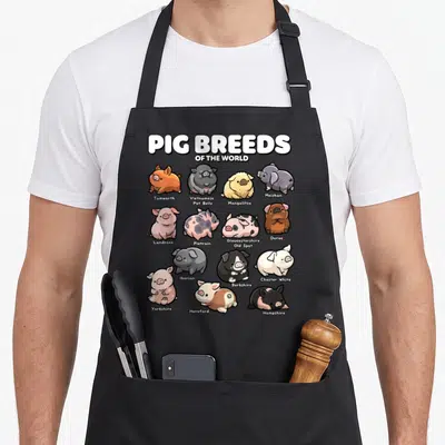 Breed farm apron - Fifteen cartoon pigs labeled with breed names like Tamworth and Duroc under main title — shown on a black cotton canvas apron against a white background