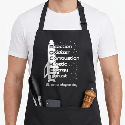 Rocket engineer apron - White rocket silhouette with stacked ROCKET acronym words and stars — shown on a black cotton canvas apron against a white background