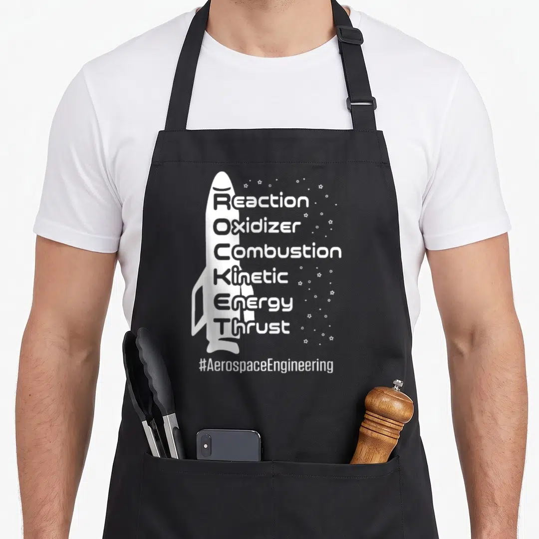Rocket engineer apron - White rocket silhouette with stacked ROCKET acronym words and stars — shown on a black cotton canvas apron against a white background