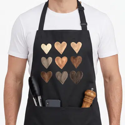 Melanin congenital heart defect apron - Nine watercolor hearts in beige, tan, brown, and dark brown arranged in a grid — shown on a black cotton canvas apron against a white background