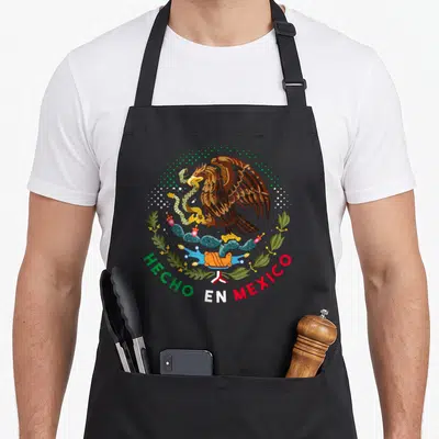 Pride mexican apron - Cartoon eagle on cactus holding snake with Hecho En Mexico text in green red white brown — shown on a black cotton canvas apron against a white background