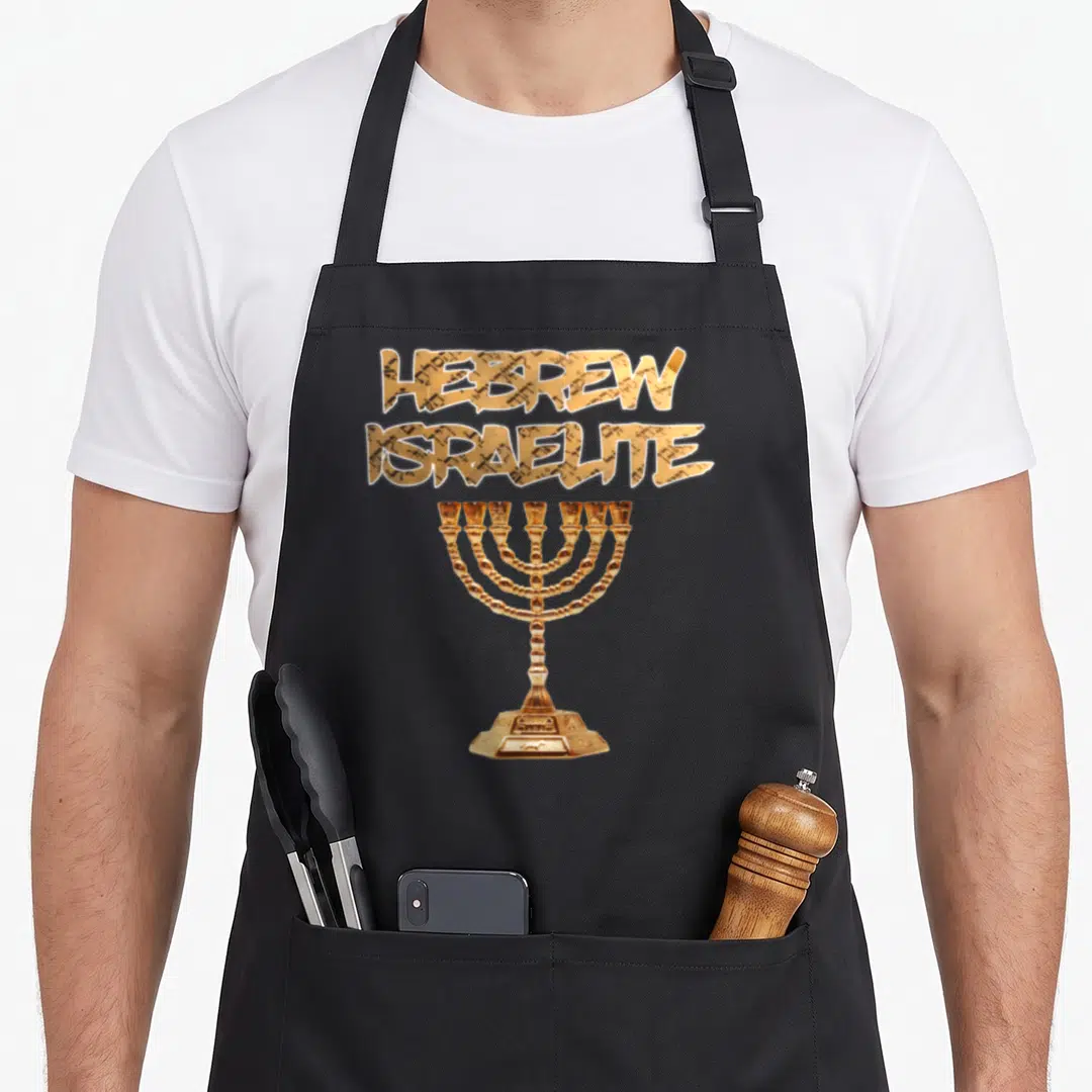 Candle hebrew aprons - Stacked HEBREW ISRAELITE text above a gold menorah in realistic style — shown on a black cotton canvas apron against a white background