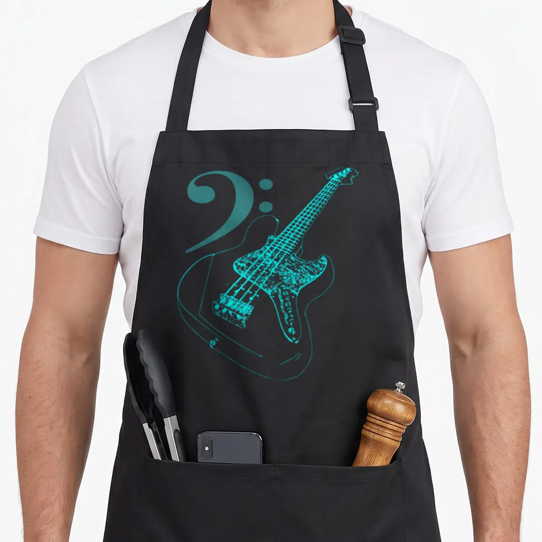 Treble double bass apron - Cyan line-art bass guitar overlapping a bass clef symbol on black fabric — shown on a black cotton canvas apron against a white background