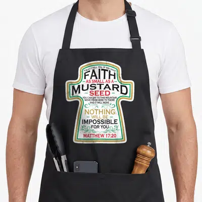 Mustard christian apron - Matthew 17:20 typography inside white cross with green border and gold trim — shown on a black cotton canvas apron against a white background