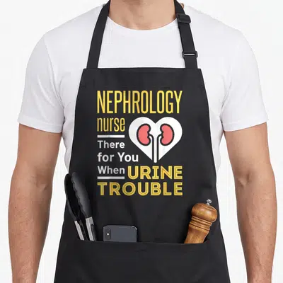 Urine nurse apron - Nephrology text stacked beside white heart with two red kidneys — shown on a black cotton canvas apron against a white background