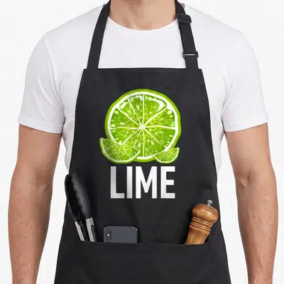 Salt halloween apron - Green lime slice with two wedges and white LIME text below — shown on a black cotton canvas apron against a white background