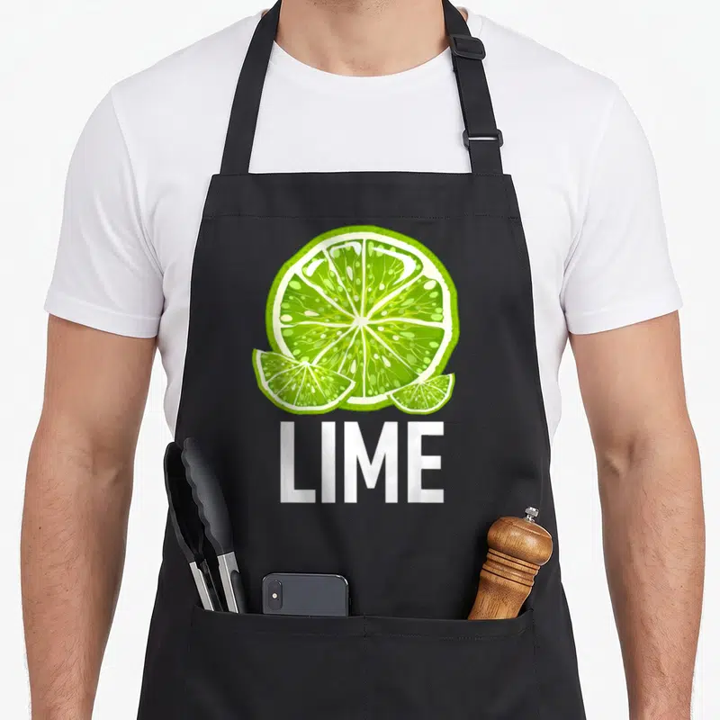 Salt halloween apron - Green lime slice with two wedges and white LIME text below — shown on a black cotton canvas apron against a white background